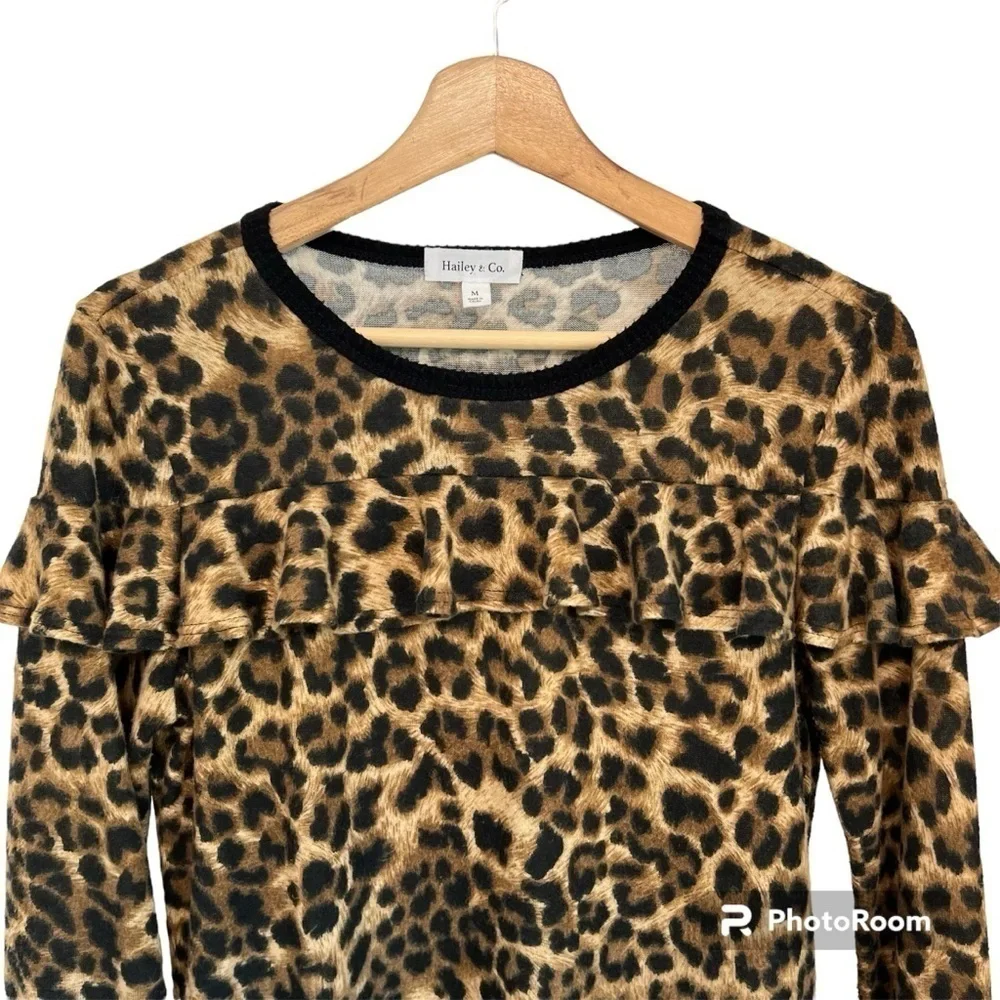 Hailey and Co. Emmy Leopard Print Black Ruffle Long Sleeve Blouse Top Size M - Picture 3 of 5